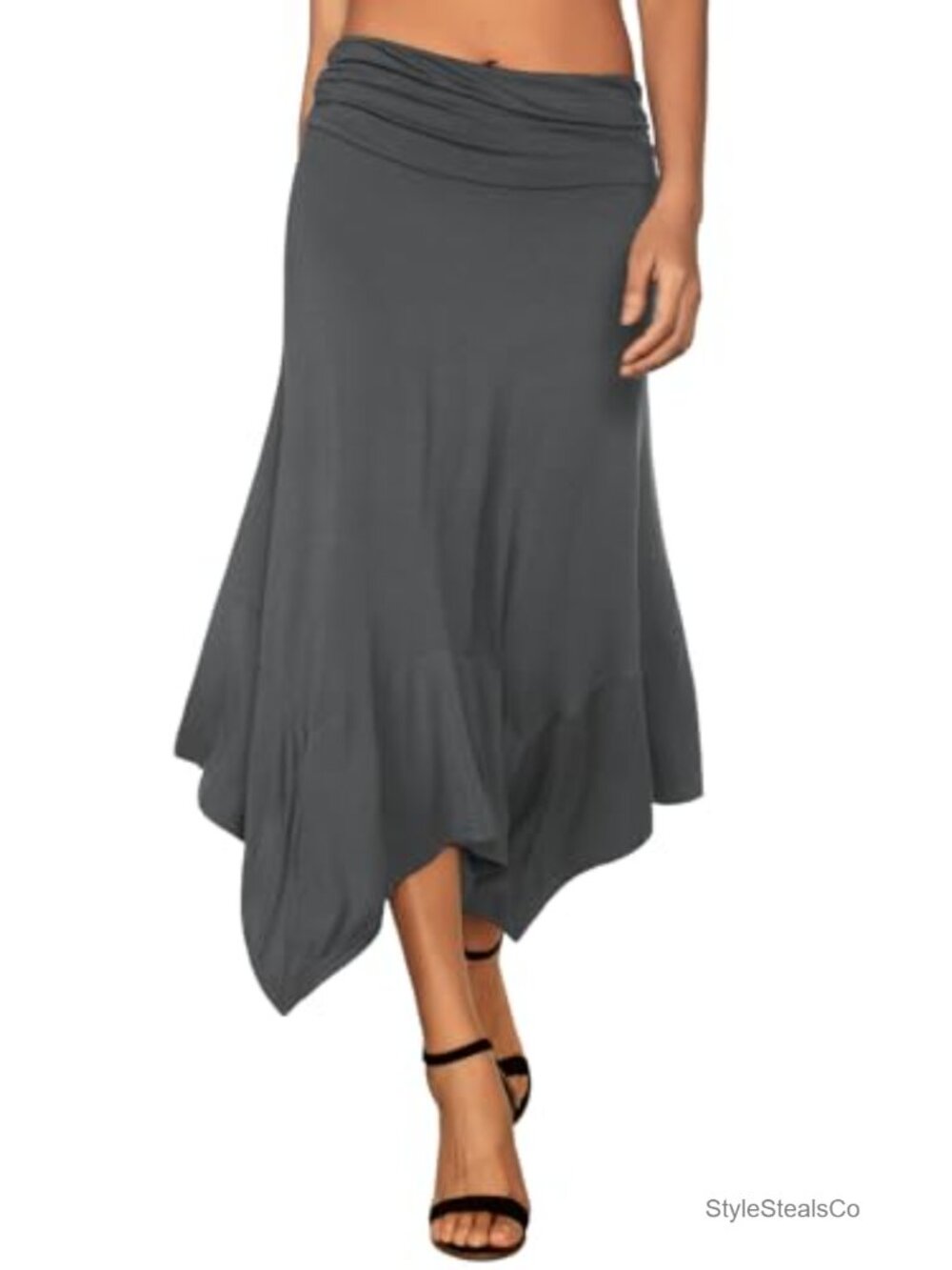 Flow Handkerchief Hem Midi Skirt Rayon Blend Ruched Waist